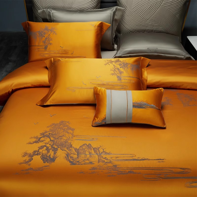 奢华新中式四件套纯棉刺绣被套中国风高端埃及长绒棉床上用品套件