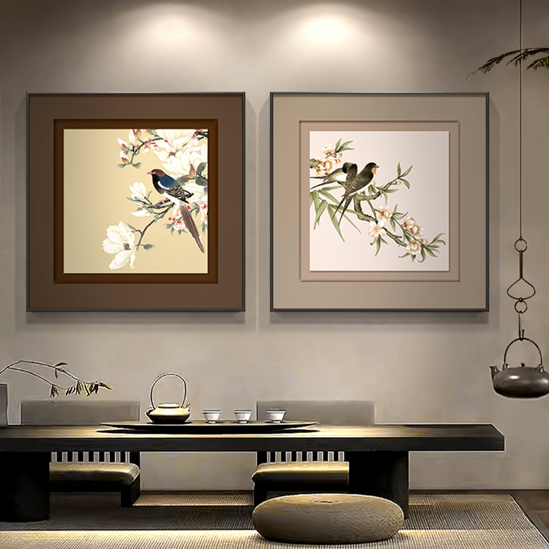 新中式茶室花鸟禅意装饰画喜上眉俏寓意好的餐厅挂画方形古风壁画