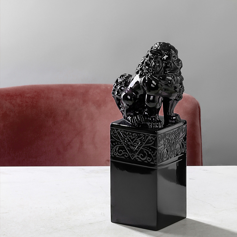 新中式家居软装饰品玄关客厅样板房间传统黑白狮子工艺术品摆件