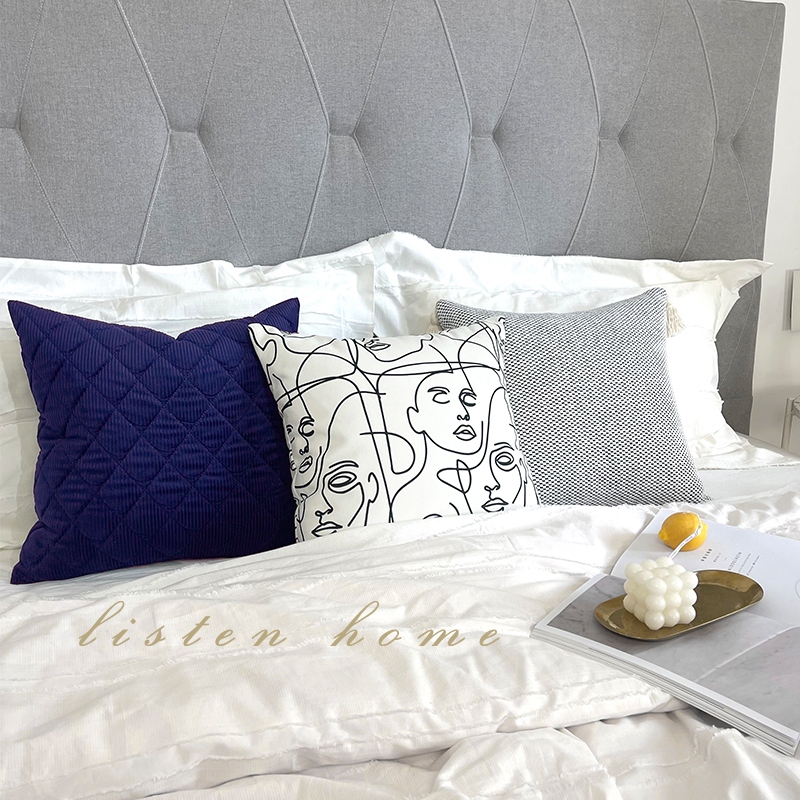 北欧现代轻奢艺术抱枕组合黑白格流苏靠枕沙发客厅样板房蓝色靠垫