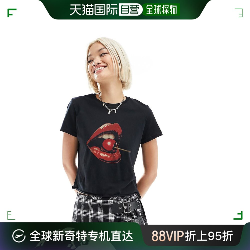香港直邮潮奢 ASOS 女士 设计樱桃红嘴唇图案印花童趣T恤(黑色)