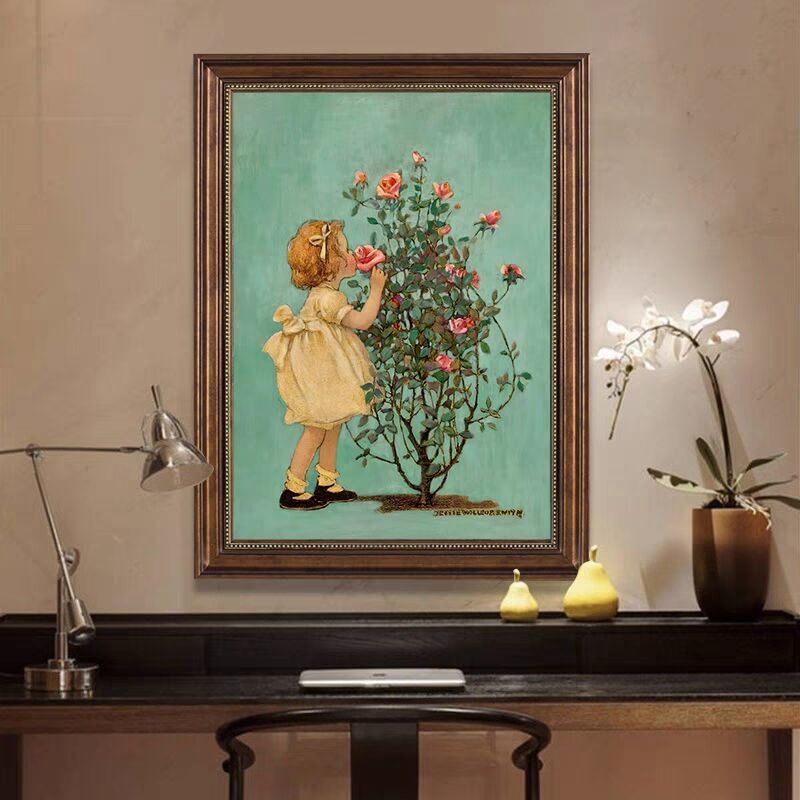 玫瑰花女孩法式人物复古挂画小众艺术油画古典美式玄关装饰画卧室