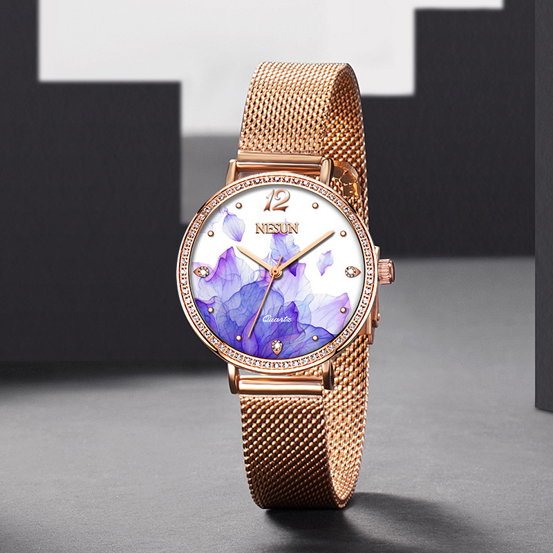 NESUN尼尚新款石英表女士手表超薄简约时尚蓝紫色花纹女表7020