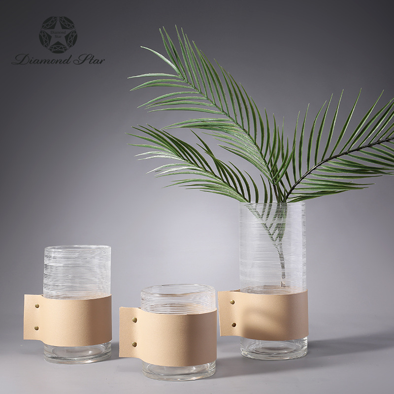 新品北欧现代简约透明水培直筒玻璃花器 创意带腰封艺术花瓶花瓶