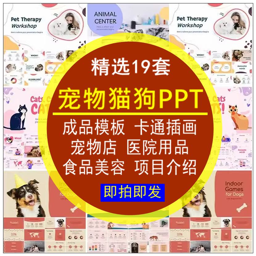 宠物猫狗PPT模板卡通插画宠店食品医院用品美容项目介绍工作汇报