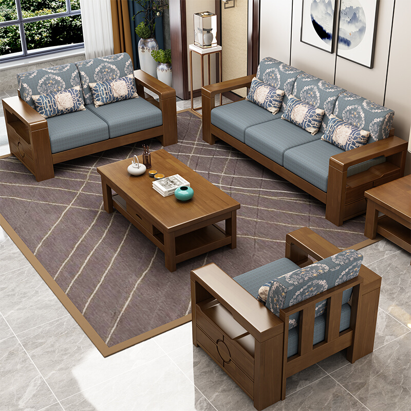 中式客厅原木沙发组合 布艺转角贵妃单三人位拉床 现代全实木家具