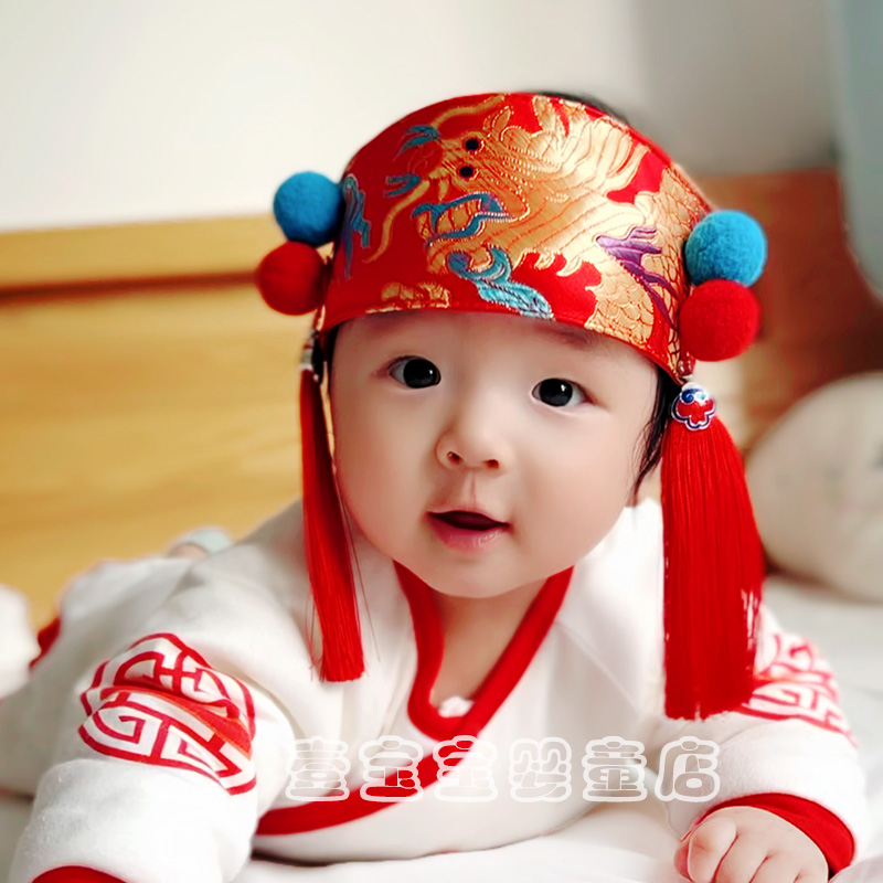 婴儿百天周岁护头囟门发带 中国风春夏男女宝宝满月红色头饰帽子