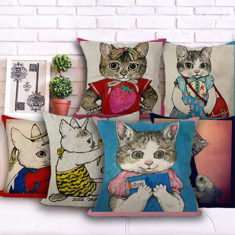 日式樋口裕子猫咪枕套原创手绘设计动物布艺靠垫套民宿沙发饰品