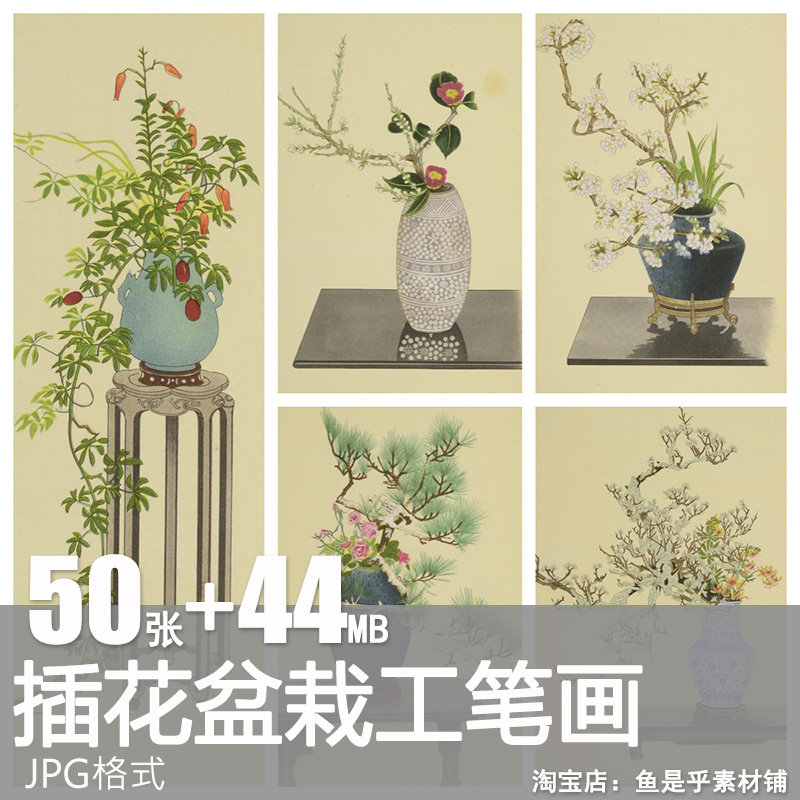 插花盆栽艺术参考盆景园艺植物绘画复古中国风工笔画手绘图片素材