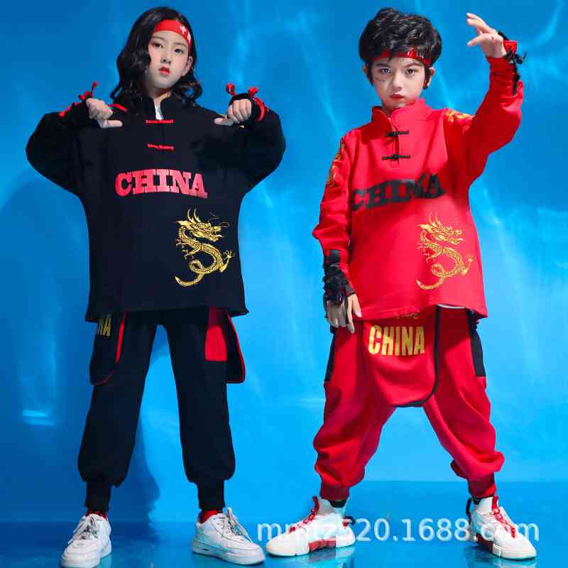 街舞套装男童嘻哈中国风潮服儿童hiphop表演服装女童爵士舞演出服