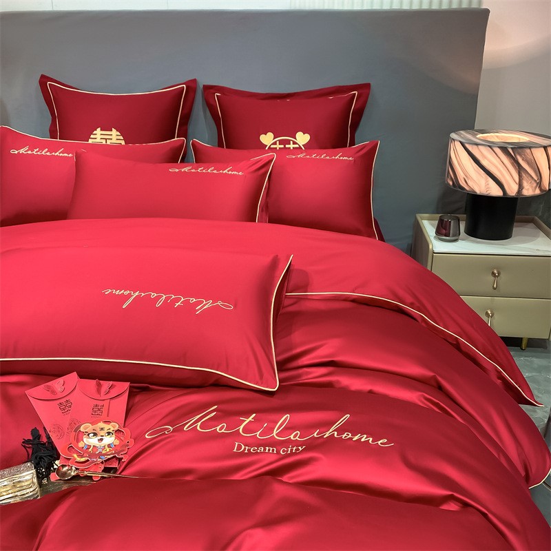新品喜庆结婚四件套磨毛刺绣被套中国风大红色床单被罩婚礼床上用