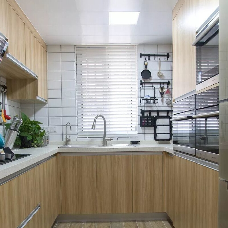 上海厨房不锈钢橱柜定制灶台石英石台面整体厨柜原木风开放式橱柜