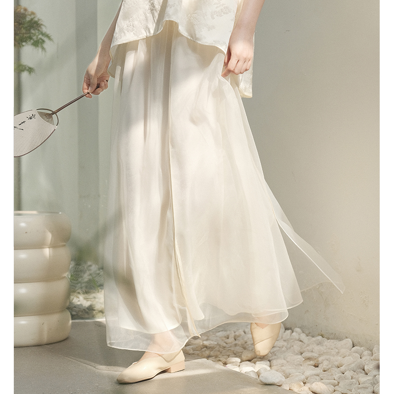 山有色新款中式国风复古女装百搭优雅气质飘逸仙女白色半身裙