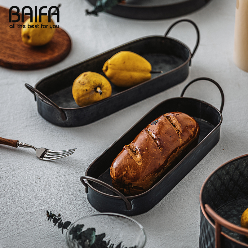 BAIFA 工业风创意长条果盘美式复古做旧铁艺果篓托盘式点心盘茶盘