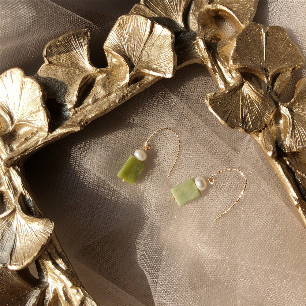 大仙丨【抹茶】复古气质橄榄绿玉石天然珍珠耳环s925纯银小巧百搭