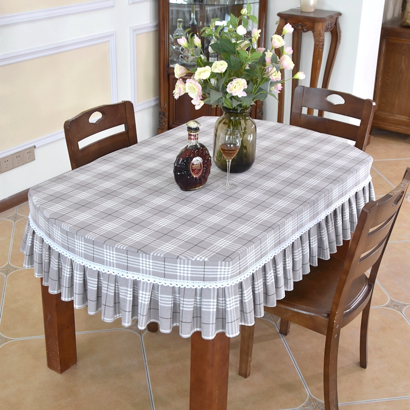 简约格纹椭圆形餐桌布可折叠伸缩桌桌布咖色家用饭桌台布茶几桌罩