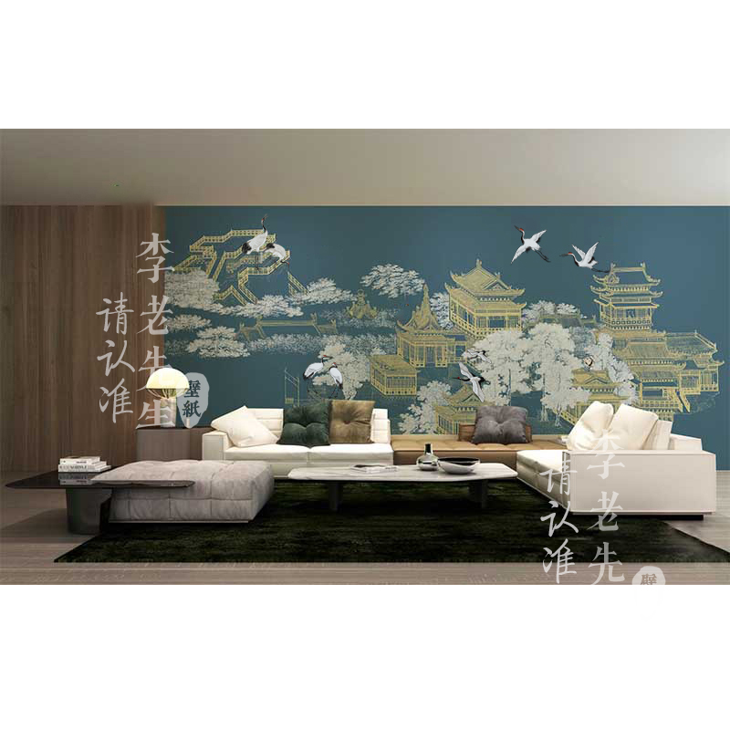 新中式建筑墙纸艺术壁纸客厅电视背景墙定制壁画仙鹤茶楼摄影墙布