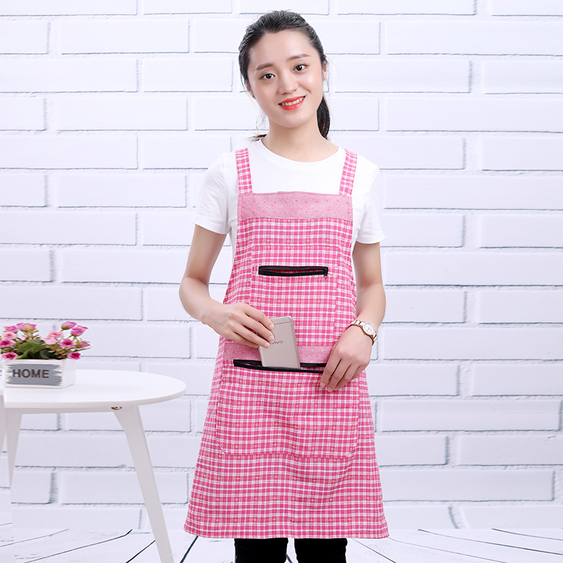 韩版纯棉工字背带围裙防污双兜拉链罩衣家庭厨房做饭清洁服务员工
