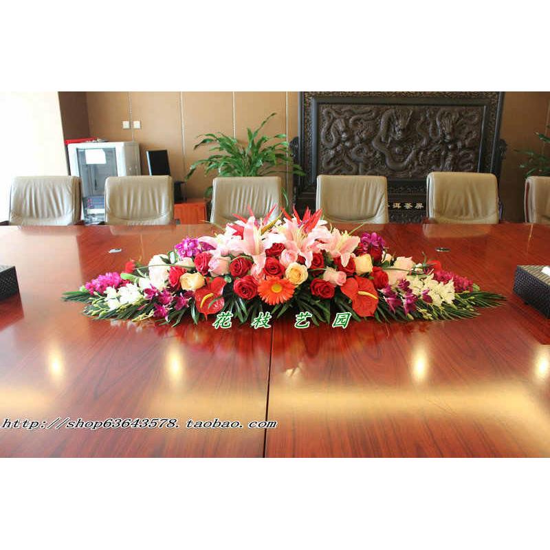 仿真会议室桌花假花商务用花长桌办公室摆花台式餐桌插花套装饰花