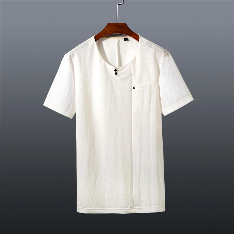 夏季青年男士白色中国风休闲简约T恤青春圆领复古透气套头短袖衫