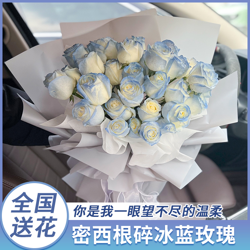 碎冰蓝喷色玫瑰花束鲜花速递x同城哈尔滨大连天津生日配送女友花