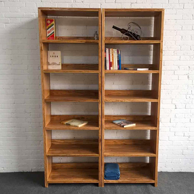 老榆木书架 定制松木书架 艺术落地书柜实木格子架 定做满墙书架