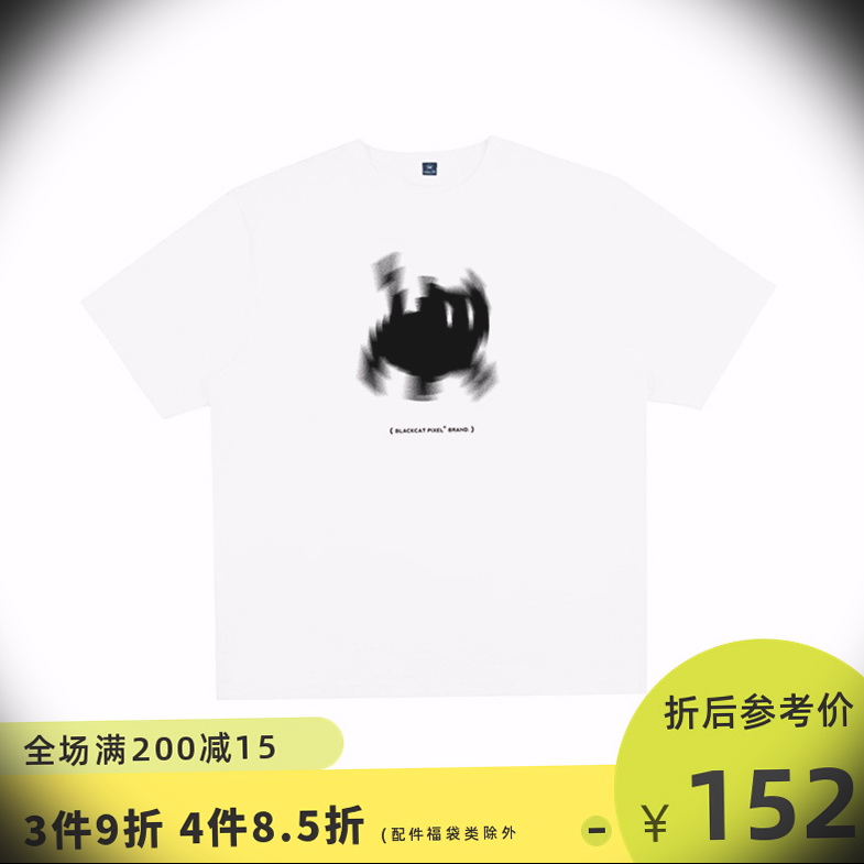 黑喵像素22SS夏季短袖T恤圆领趣味流行宽松迷幻黑猫印花休闲男女
