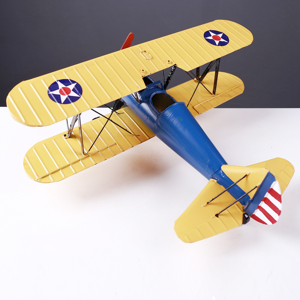 复古铁皮二战双翼飞机模型小摆件儿童房墙面装饰画挂件生日礼物
