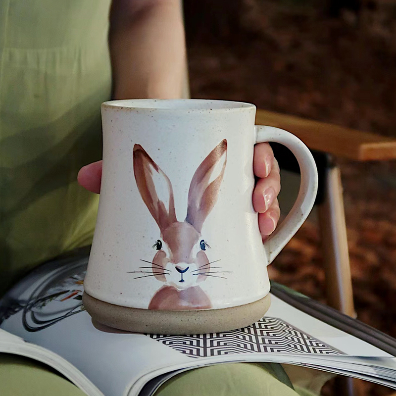 原创油墨画兔子马克杯粗陶复古杯子大容量咖啡杯日式喝水杯兔兔杯