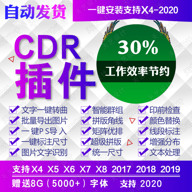 CDR增强插件 2020 2019 2018 2017 X4 X7 X8 一键PS转曲导图巡边