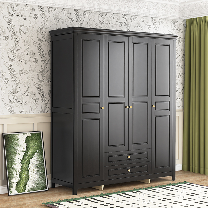 美式实木衣柜黑色复古法式现代简约四门衣柜收纳储物柜卧室大容量