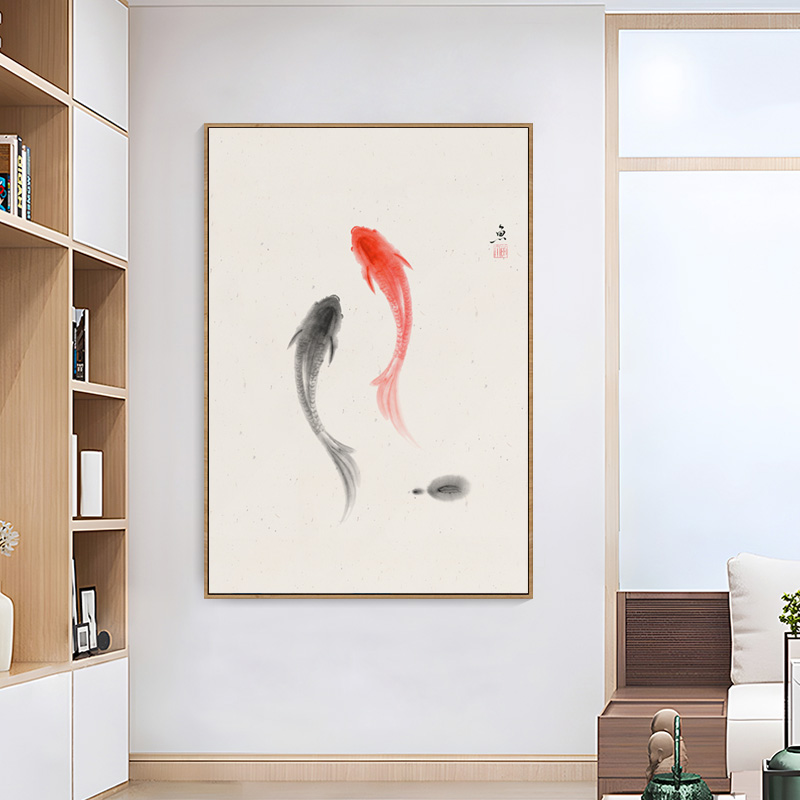 新中式客厅玄关装饰画寓意好的锦鲤鱼中国风走廊过道餐厅背景墙画