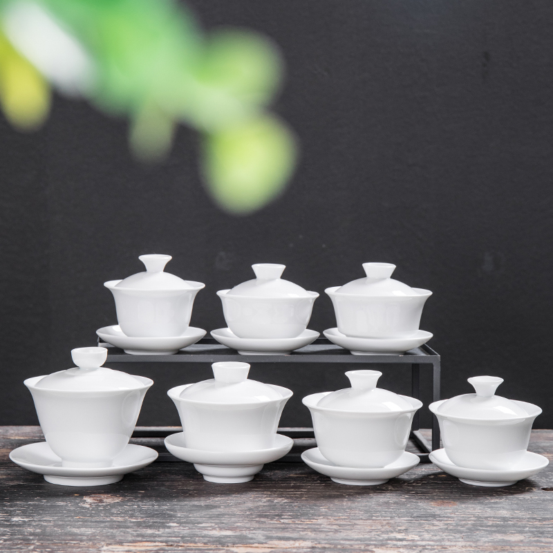 高白瓷茶具盖碗定制LOGO企业印字家用泡茶杯大中小号陶瓷三才碗