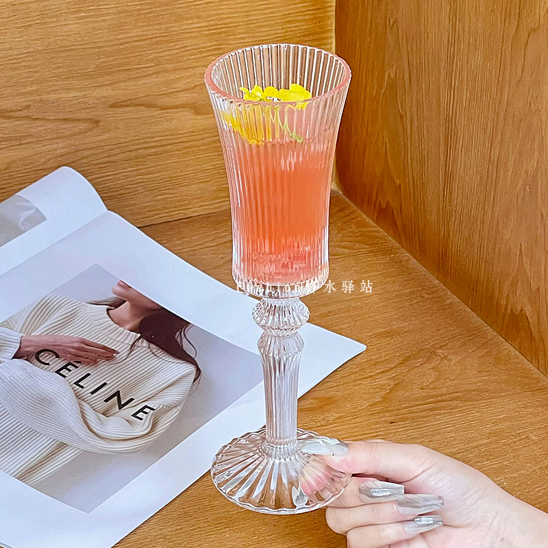 法式宫廷风浮珠香槟杯微醺浪漫红酒杯竖纹气泡水杯高级高脚葡萄杯
