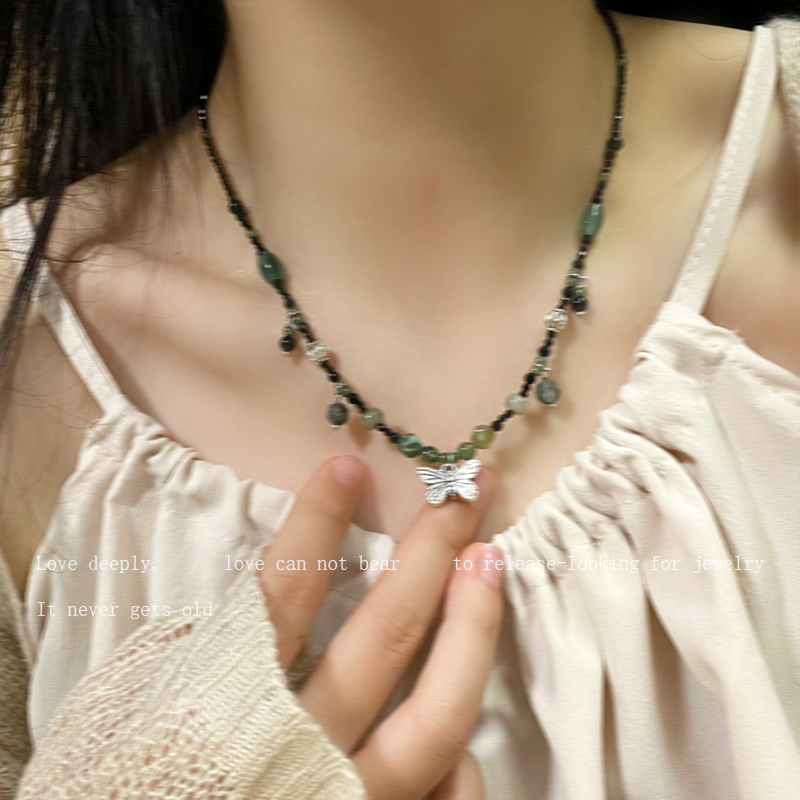 新中式天然石复古蝴蝶串珠项链小众高级感锁骨链清冷感水墨风颈链