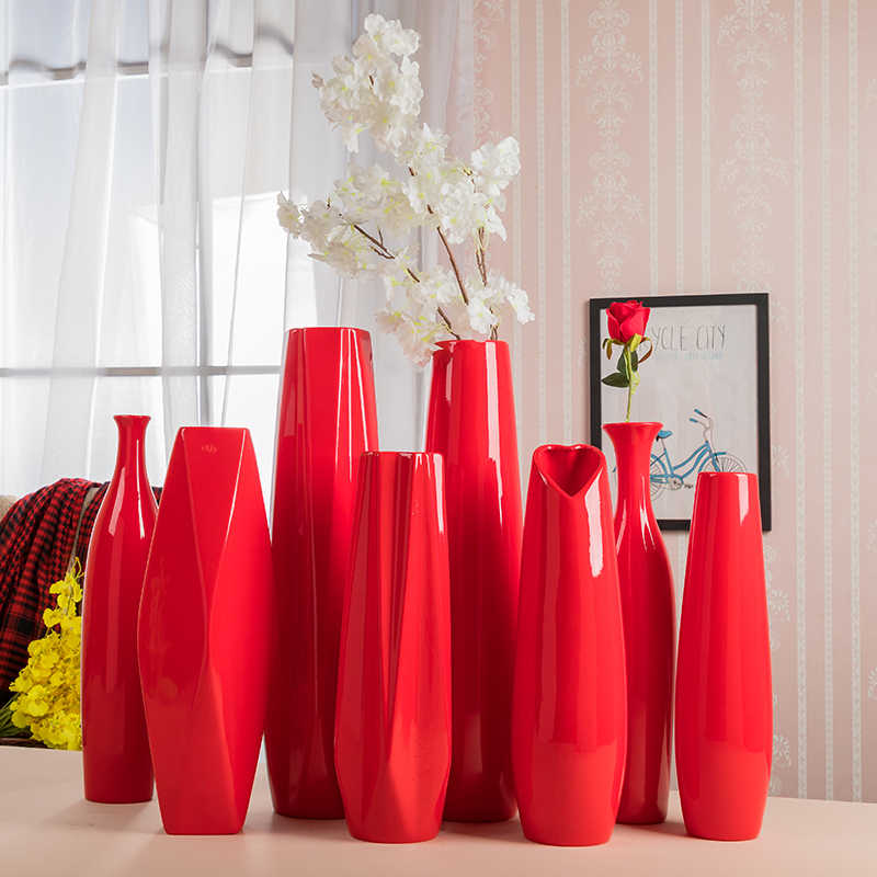 50cm红色落地花瓶 中国红陶瓷花瓶 现代简约喜庆新房玄关结婚花瓶