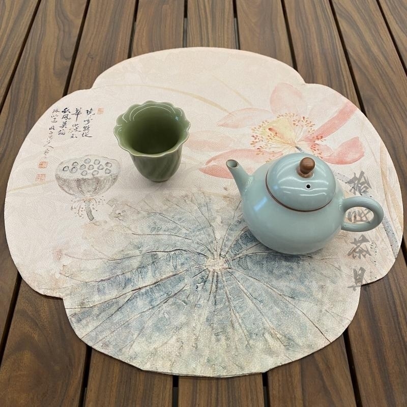 圆形新中式中国风双面防水布艺茶席茶垫干泡茶隔热垫莲花盛开桌垫