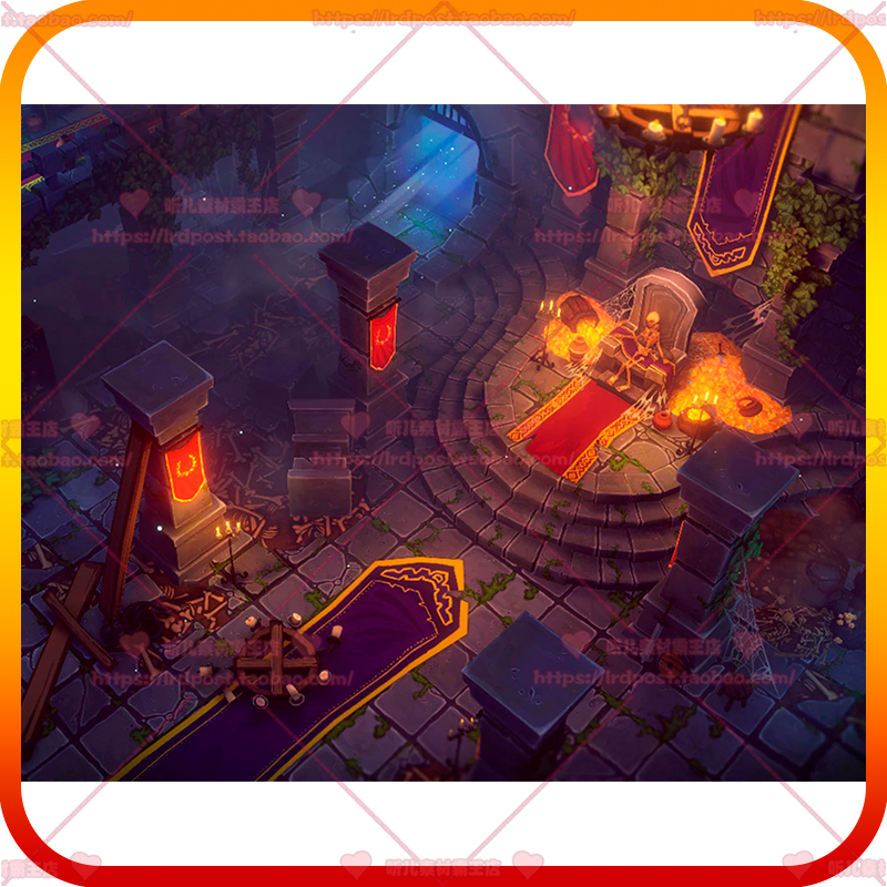 UE4虚幻5卡通地下城地牢王座宝藏陷阱木箱围墙书籍蜡烛场景3D模型