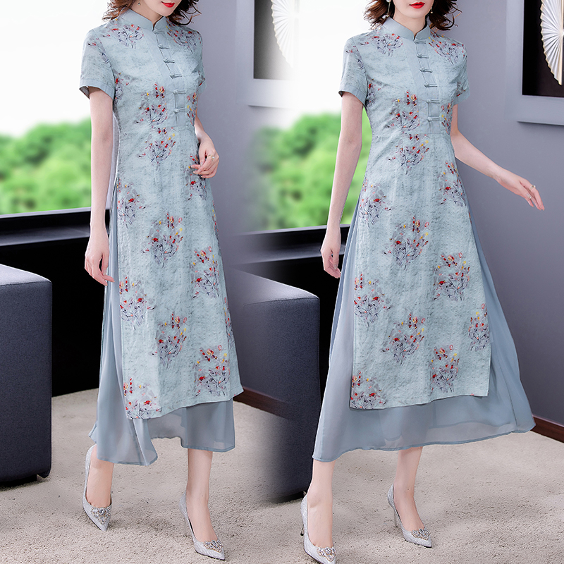 2022年奥黛款旗袍越南正宗年轻款复古新式长旗袍收腰改良版连衣裙