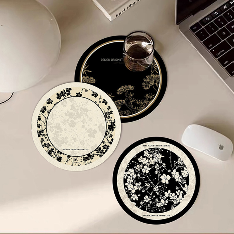 简约现代艺术花卉防水皮革圆形餐垫轻奢家庭免洗桌垫隔热复古碗垫