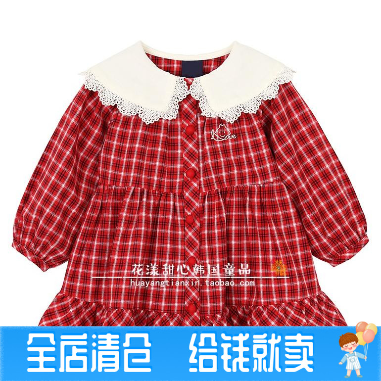 韩国中小童装秋冬新款女童宝新年纯棉长袖红格翻领田园风连衣裙子