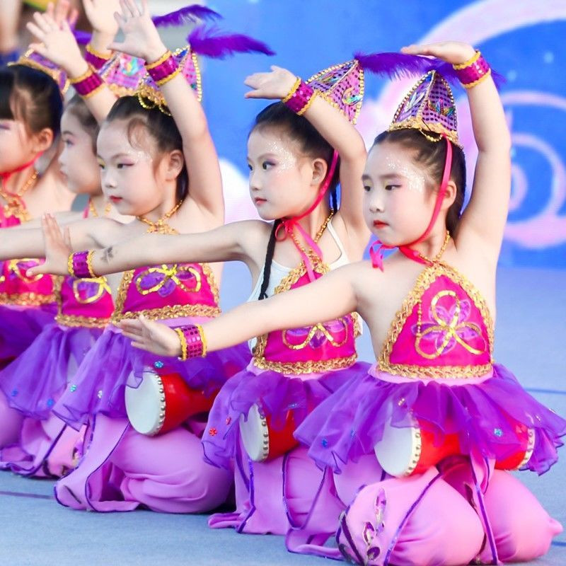 抖音紫金舞蹈同款儿童演出服西夏鼓娃表演服装腰鼓新疆维吾尔族舞