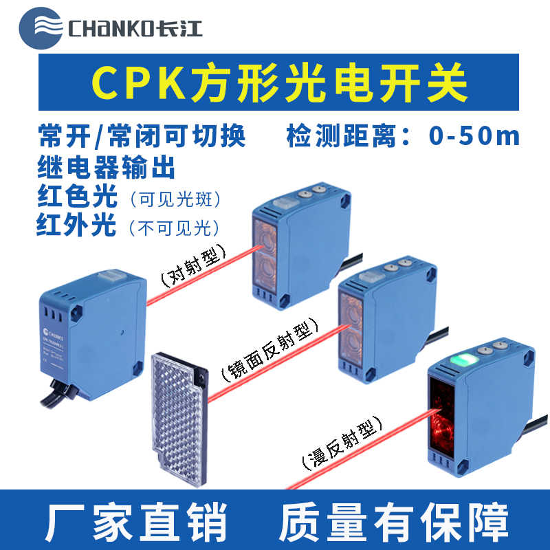 长江/CHANKO对射光电开关传感器CPK镜面反射透明物红光漫反射方形