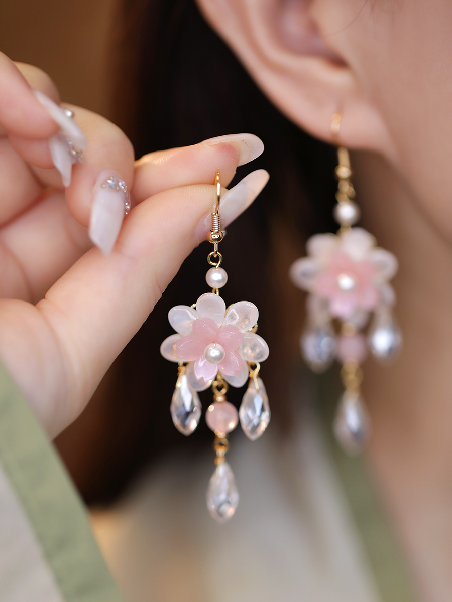 新中式耳饰耳环小众设计感 高级女粉色花朵流苏国风配旗袍耳坠