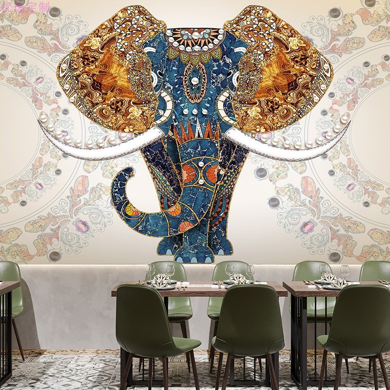 3D泰式东南亚大象墙纸泰国风情酒店卧室床头壁纸瑜伽按摩民宿墙布