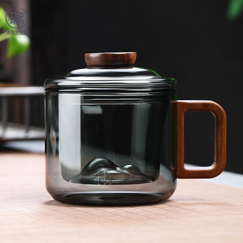 办公玻璃茶杯透黑墩墩杯咖啡杯茶水分离办公室专用高硼硅耐热水杯