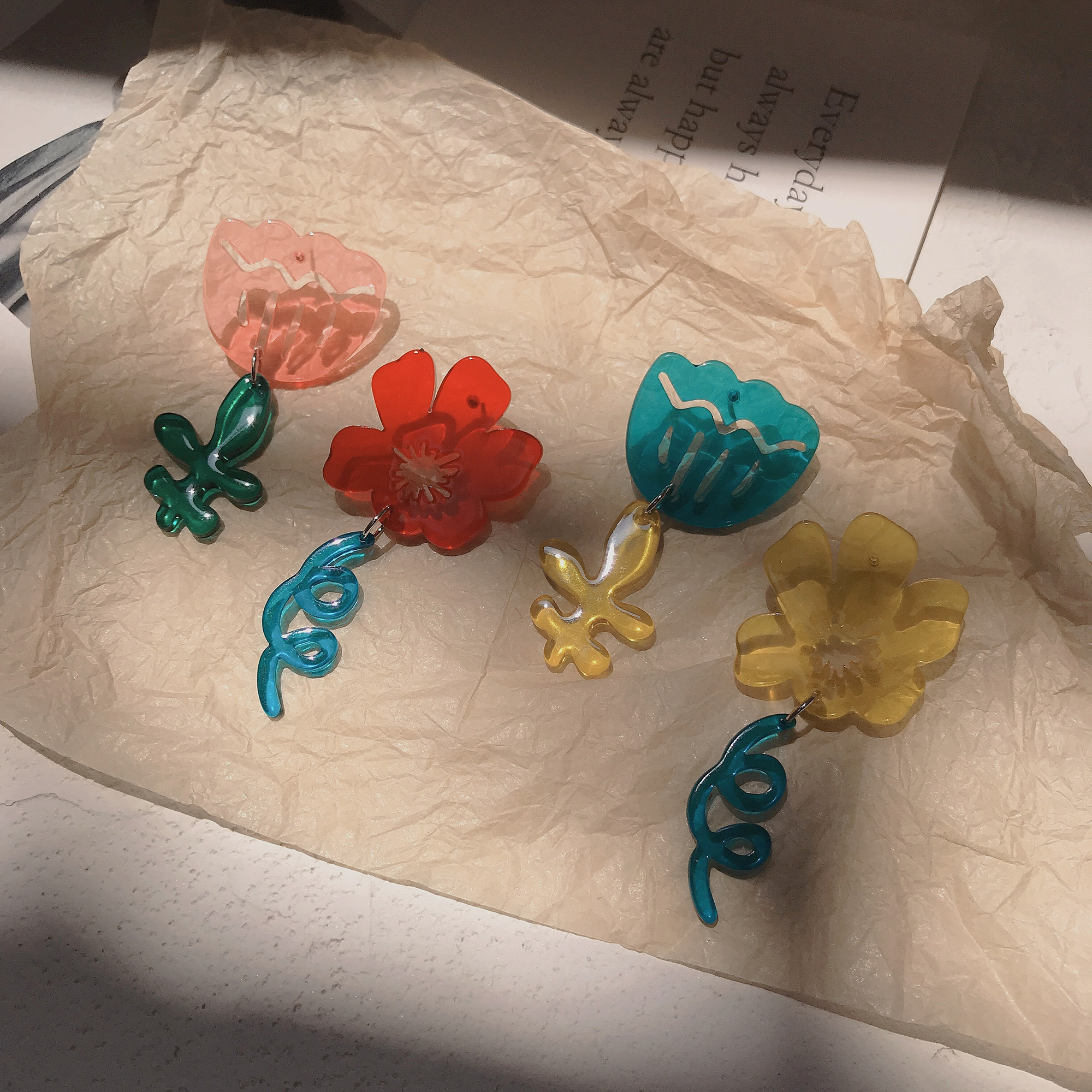 一只凝 ins风艺术家插画花朵植物亚克力S925银少女通透耳环耳夹