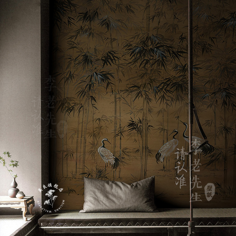 禅意古典纸仙鹤壁纸古风电视卧室背景墙墙布复古中国风新中式法式