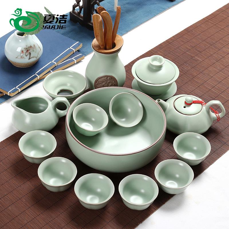 夏洁汝窑青瓷功夫茶具套装茶杯整套家用陶瓷现代简约中式盖碗茶壶