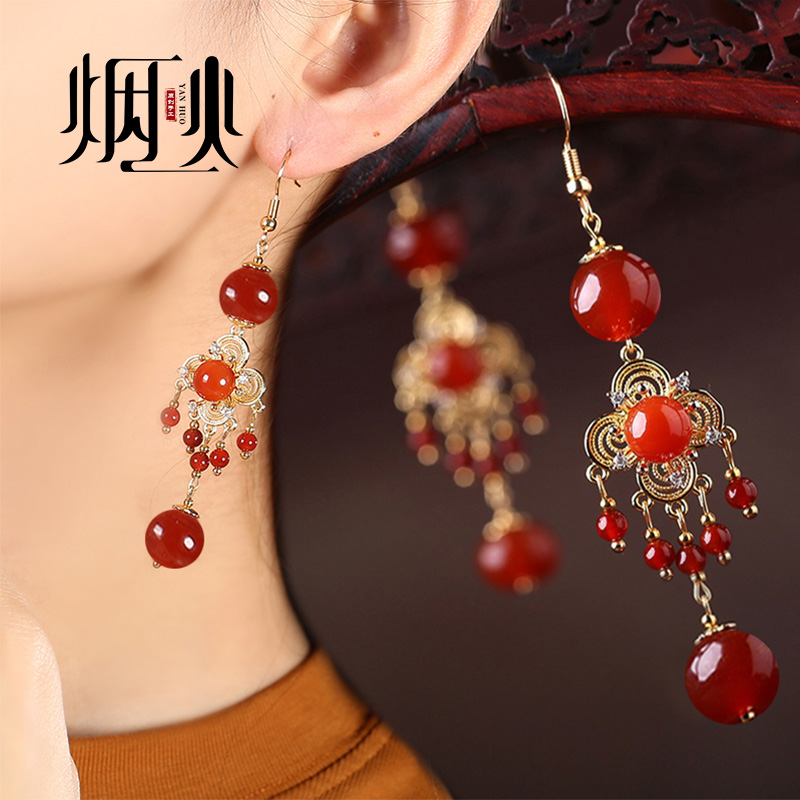 中国风红玛瑙耳环长款复古风耳坠民族风红色流苏个性新中式耳饰品